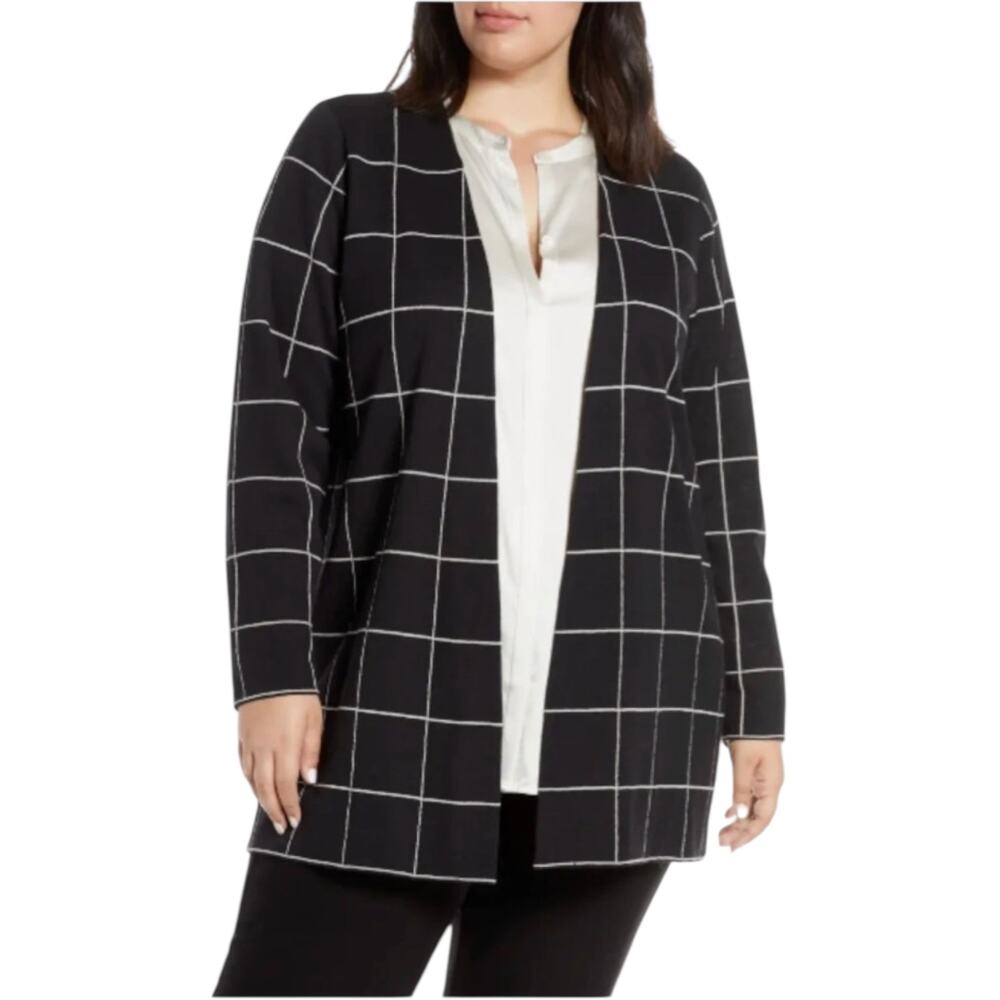 Eileen Fisher 1X Plaid Windowpane Open Cardigan 100% wool.